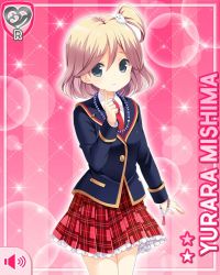 Rule 34 | 1girl, beads, blonde hair, blue jacket, bracelet, finger on face, girlfriend (kari), grey eyes, jacket, jewelry, looking at viewer, mishima yurara, necklace, neckwear request, official art, pink background, plaid, plaid skirt, qp:flapper, red skirt, short hair, side ponytail, skirt, solo, standing, tagme, worried