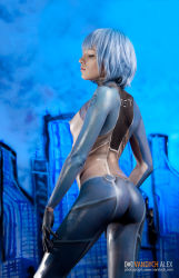 Rule 34 | 1girl, ass, ayanami rei, blue hair, bodypaint, breasts, cosplay, female focus, naked paint, neon genesis evangelion, nipples, nude, painted clothes, photo (medium), short hair, small breasts, solo