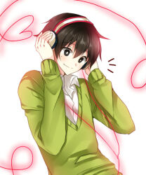 Rule 34 | 1boy, black hair, bright pupils, cable, cardigan, closed mouth, collared shirt, commentary, green cardigan, hair between eyes, hands up, headphones, heart, heart of string, kagerou project, kokonose haruka, looking down, male focus, mnyang, mole, mole under eye, notice lines, open collar, school uniform, shirt, short hair, simple background, smile, solo, string, string of fate, upper body, white background, white pupils, white shirt