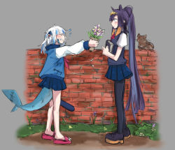 Rule 34 | 2girls, alternate costume, aoi (aoisaka), bare legs, black legwear, blue hair, blue skirt, blush, book, bouquet, brick wall, cat, commentary, fins, fish tail, flip-flops, flower, from side, full body, gawr gura, grey background, grin, highres, holding, holding book, hololive, hololive english, long hair, long sleeves, looking at another, multicolored hair, multiple girls, ninomae ina&#039;nis, pantyhose, pleated skirt, ponytail, purple hair, sandals, shark tail, sharp teeth, short sleeves, sketch, skirt, smile, streaked hair, symbol-only commentary, tail, teeth, two-tone hair, very long hair, virtual youtuber, white hair