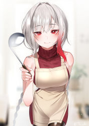 Rule 34 | 1girl, absurdres, alex (counter:side), apron, bad id, bad pixiv id, bare arms, bare shoulders, blurry, blurry background, blush, breasts, brown apron, brown pantyhose, closed mouth, commentary request, counter:side, depth of field, gradient hair, hair intakes, highres, holding, korean commentary, ladle, large breasts, licking lips, multicolored hair, pantyhose, red eyes, red hair, red sweater, ribbed sweater, silver hair, sleeveless, sleeveless sweater, sleeveless turtleneck, smile, solo, sweater, the cold, thighband pantyhose, tongue, tongue out, turtleneck, turtleneck sweater