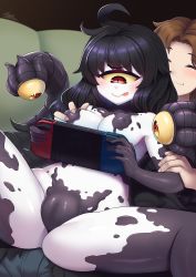 Rule 34 | 1boy, 1girl, :3, :q, black hair, blush, grabbing another&#039;s breast, breasts, brown hair, colored sclera, colored skin, commentary, commission, commissioner insert, controller, covered erect nipples, cuddling, cyclops, english commentary, extra eyes, eyelashes, game console, game controller, gaothun, gazer (monster girl encyclopedia), girl on top, grabbing, handheld game console, hetero, highres, joystick, lips, long hair, medium breasts, monster girl, monster girl encyclopedia, nintendo switch, nintendo switch controller, one-eyed, playing games, red eyes, signature, slit pupils, smile, solo focus, tentacles, tongue, tongue out, white skin, yellow sclera