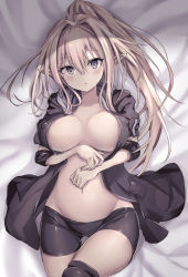Rule 34 | 1girl, absurdres, bed sheet, bike shorts, blonde hair, blush, borrowed character, breasts, breasts apart, brown hair, covered erect nipples, elbow pads, elf, gluteal fold, grey eyes, hair between eyes, hair intakes, haishiki, highres, hood, hoodie, knee pads, large breasts, long hair, looking at viewer, lying, navel, on back, open clothes, open hoodie, original, parted lips, pointy ears, solo, thigh gap, thighs, tsurime