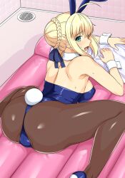 Rule 34 | 1girl, :d, ahoge, air mattress, animal ears, artoria pendragon (all), artoria pendragon (fate), ass, ass focus, bathroom, blonde hair, blue footwear, blue leotard, blue ribbon, breasts, commentary request, detached collar, fake animal ears, fake tail, fate/stay night, fate (series), green eyes, hair ribbon, haruhisky, high heels, highres, huge ass, large breasts, leotard, open mouth, pillow, playboy bunny, rabbit ears, rabbit tail, ribbon, saber (fate), sideboob, smile, soapland, solo, sweat, tail, tile wall, tiles, tongue, white wrist cuffs, wrist cuffs