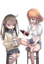 Rule 34 | &gt; &lt;, 2girls, ahoge, bar stool, barefoot, beer can, bikini, bikini under clothes, blouse, bow, breasts, can, cardigan, cleavage, dr pepper, drink can, earrings, feather earrings, feathers, feet, gradient hair, green hair, highres, holding, hololive, hololive english, indie virtual youtuber, jewelry, legs, long hair, medium breasts, multicolored hair, multiple girls, navel, neuro-sama, open fly, open mouth, orange hair, purple eyes, sailor collar, school uniform, serafuku, shaded face, shirt, short shorts, shorts, simple background, skirt, soles, stool, swimsuit, takanashi kiara, takanashi kiara (casual), two side up, virtual youtuber, zedd (zedgawr)