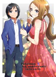Rule 34 | 1boy, 1girl, absurdres, alternate costume, black hair, blue eyes, blush, breasts, brown hair, calem (pokemon), closed mouth, copyright name, creatures (company), dated, dress, game freak, highres, long hair, looking at viewer, negimiso1989, nintendo, pokemon, pokemon xy, serena (pokemon), smile