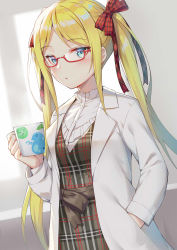 Rule 34 | 1girl, alexmaster, blonde hair, blue eyes, blush, brown dress, coat, coffee mug, commentary request, cup, dress, frilled shirt, frills, glasses, hair ribbon, hand in pocket, hand up, holding, holding cup, lab coat, long hair, long sleeves, looking at viewer, mug, open clothes, open coat, original, parted bangs, parted lips, plaid, plaid dress, plaid ribbon, red-framed eyewear, red ribbon, ribbon, semi-rimless eyewear, shirt, sidelocks, solo, twintails, undershirt, upper body, virtual youtuber, white coat, white shirt, wing collar
