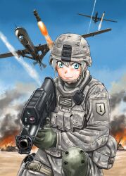 Rule 34 | 1girl, aerial bomb, agm-114 hellfire, air-to-surface missile, airburst grenade launcher, aircraft, alliant techsystems, anti-tank guided missile, anti-tank missile, artist name, blue eyes, blush, bulletproof vest, bullpup, computerized scope, day, drone, exhaust, explosion, fire, flying, gbu-12 paveway ii, general-purpose bomb, general atomics aeronautical systems, grenade launcher, grey hair, guided bomb, gun, handgun, heckler &amp; koch, highres, holding, holding gun, holding weapon, holster, l-3 ios brashear, laser-guided bomb, lens, long gun, looking at viewer, military, military program, military uniform, military vehicle, motor vehicle, mq-9 reaper, official art, oicw increment 2 (military program), oicw increments (military program), orbital atk, original, paveway, pistol, precision-guided firearm, precision-guided munition, prototype design, sao satoru, scope, semi-automatic firearm, semi-automatic grenade launcher, short hair, sight (weapon), smart scope, smile, smoke, surface-to-surface missile, tank, telescopic sight, uniform, unmanned aerial vehicle, unmanned combat aerial vehicle, ura combat comic, war, weapon, white hair, xm104 (smart scope), xm25 cdte