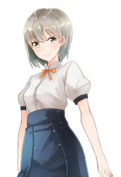 Rule 34 | 1girl, blouse, breasts, closed mouth, comah, hair between eyes, high-waist skirt, looking at viewer, original, shirt, short hair, short sleeves, silver hair, simple background, skirt, small breasts, smile, solo, swept bangs, upper body, white background, white shirt, yellow eyes