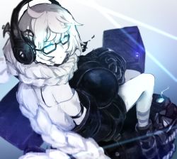 Rule 34 | 10s, 1girl, absurdly long hair, abyssal ship, bad id, bad pixiv id, barrel, boots, braid, colored skin, commentary request, drum (container), glowing, glowing eyes, headphones, kantai collection, long hair, looking at viewer, mechanical arms, monochrome, power fist, single mechanical arm, socks, solo, striped clothes, striped legwear, striped socks, supply depot princess, very long hair, weasel (close-to-the-edge), white hair, white skin