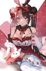 Rule 34 | 1girl, absurdres, animal ears, asymmetrical legwear, asymmetrical sleeves, bare shoulders, black collar, black hair, blue eyes, blush, bow, bowtie, breasts, cleavage, collar, detached sleeves, dress, food, food print, frills, fruit, hair bow, hand on own chest, highres, large breasts, long hair, looking at viewer, mismatched legwear, multicolored hair, official alternate costume, pantyhose, pink hair, pleated dress, rabbit ears, red bow, red bowtie, red skirt, ringozeri, sitting, skirt, solo, split-color hair, strawberry, strawberry print, tachibana hinano (vtuber), two-tone hair, very long hair, virtual youtuber, vspo!, white dress, white pantyhose
