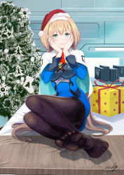 Rule 34 | 1girl, absurdres, black pantyhose, blonde hair, blue dress, blush, book, capelet, christmas, christmas present, christmas tree, commentary request, dress, earrings, feet, foot focus, gift, green eyes, hairband, hands on own cheeks, hands on own face, head rest, highres, jewelry, long hair, looking at viewer, low twintails, military, military uniform, mitsuba greyvalley, nao3675, on bed, panties, pantyhose, red neckwear, sitting, soles, solo, super robot wars, super robot wars 30, toes, triangle earrings, twintails, underwear, uniform, white capelet, white hairband, white panties