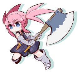 Rule 34 | 1girl, axe, bare shoulders, blue dress, blue eyes, blush, boots, closed mouth, colored shadow, commentary request, dress, drop shadow, elbow gloves, full body, gloves, grey footwear, grey gloves, hair between eyes, highres, holding, holding axe, knee boots, looking away, naga u, pink hair, presea combatir, shadow, sidelocks, sleeveless, sleeveless dress, solo, tales of (series), tales of symphonia, twintails, white background