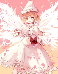 Rule 34 | 1girl, bad id, bad pixiv id, blonde hair, capelet, dress, fairy, fairy wings, hat, lily white, long sleeves, open mouth, petals, pink eyes, sash, smile, solo, touhou, uranaishi (miraura), white dress, wings