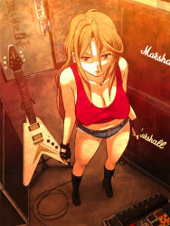Rule 34 | 1girl, boots, breasts, brown eyes, brown hair, cleavage, crop top, cutoffs, denim, denim shorts, electric guitar, unworn eyewear, fingerless gloves, gibson flying v, from above, glasses, gloves, guitar, highres, instrument, jewelry, k-on!, large breasts, long hair, looking above, looking at viewer, looking up, marshall, midriff, navel, necklace, parted lips, plectrum, richard crazyman, shirt, short shorts, shorts, solo, speaker, tank top, taut clothes, taut shirt, yamanaka sawako