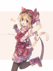 Rule 34 | 1girl, :d, animal ears, animal hat, arm up, black pantyhose, blonde hair, blue eyes, blush, boots, brown background, cat hat, cat tail, character name, commentary, eiyuu densetsu, fake animal ears, falcom, fang, gloves, goggles, goggles on head, grey background, hair between eyes, hat, long hair, looking at viewer, looking to the side, open mouth, overall skirt, pantyhose, pantyhose under shorts, pink gloves, pink shorts, red footwear, red hat, rento (rukeai), sailor collar, shirt, short shorts, short sleeves, shorts, smile, solo, sora no kiseki, standing, standing on one leg, star (symbol), tail, tail raised, tita russell, twitter username, two-tone background, white sailor collar, white shirt