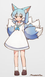 Rule 34 | 1girl, ah zhong (mountain han), animal ears, black eyes, blue hair, blue neckerchief, blush, brown footwear, chinese text, closed mouth, dress, fox ears, fox tail, full body, grey background, highres, loafers, looking at viewer, mountain han, multiple tails, neckerchief, original, sailor collar, sailor dress, shoes, signature, simple background, smile, socks, solo, tail, translation request, two side up, white dress, white sailor collar, white socks