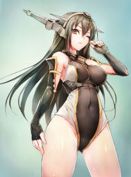 Rule 34 | 10s, 1girl, bare shoulders, black hair, blush, breasts, competition swimsuit, covered erect nipples, covered navel, cowboy shot, elbow gloves, fingerless gloves, gloves, hairband, headgear, highres, kadokawa shoten, kantai collection, large breasts, long hair, looking at viewer, nagato (kancolle), one-piece swimsuit, one eye closed, red eyes, shiny skin, simple background, solo, sweat, swimsuit, taishi (picchiridou), wink