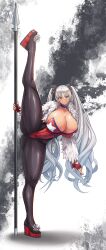 Rule 34 | 1girl, absurdres, ass, blue choker, blue eyes, breasts, choker, cleavage, dark-skinned female, dark skin, dryseaweed, eyelashes, female focus, fingerless gloves, gloves, grey hair, hair between eyes, high heels, highres, holding, holding polearm, holding spear, holding weapon, huge breasts, leg lift, leg up, legs, leotard, long hair, looking at viewer, meme, pantyhose, polearm, red footwear, red gloves, red leotard, shadow, shiny clothes, shiny skin, solo, spear, split, thick thighs, thighs, twintails, weapon, white background, wide hips
