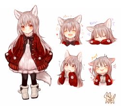 Rule 34 | &gt; &lt;, 1girl, :d, ^ ^, animal ears, artist name, black pantyhose, blowing, boots, closed eyes, commentary request, dated, disgust, dress, ears down, fang, flower, fox ears, fox girl, fox tail, frilled dress, frills, full body, fur boots, highres, jacket, long hair, long sleeves, looking at viewer, multiple views, open clothes, open jacket, open mouth, orange eyes, original, pantyhose, silver hair, sleeping, sleeves past wrists, smile, sukemyon, tail, tears, tongue, tongue out, translation request, white dress