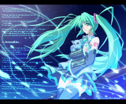 Rule 34 | 1girl, cat, detached sleeves, english text, green eyes, green hair, hatsune miku, letterboxed, long hair, matching hair/eyes, necktie, night, night sky, shirakaze, skirt, sky, sleeves past wrists, solo, thighhighs, twintails, very long hair, vocaloid