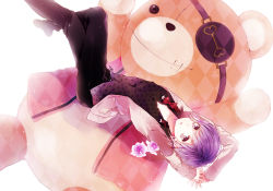 Rule 34 | 10s, 1boy, arms up, bags under eyes, bow, bowtie, collarbone, diabolik lovers, eyepatch, flower, crossed legs, looking at viewer, male focus, open mouth, oversized object, purple eyes, purple hair, raised eyebrows, sakamaki kanato, solo, stuffed animal, stuffed toy, sweater, teddy (diabolik lovers), teddy bear, unbuttoned, white background