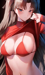 Rule 34 | 1girl, absurdres, bikini, blue eyes, blush, breasts, brown hair, cleavage, clothes lift, fate/stay night, fate (series), hair ribbon, highres, large breasts, long hair, long sleeves, looking at viewer, navel, parted bangs, red bikini, red sweater, ribbon, rororo, solo, sweater, swimsuit, tohsaka rin, two side up