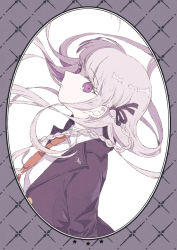 Rule 34 | 1girl, border, braid, commentary, danganronpa: trigger happy havoc, danganronpa (series), eyelashes, framed, hair ribbon, highres, jacket, kirigiri kyoko, leaning back, long hair, looking at viewer, necktie, open clothes, open jacket, patterned background, profile, purple background, purple eyes, purple hair, purple jacket, purple ribbon, red necktie, ribbon, side braid, simple background, solo, sumire rnp, upper body, white background