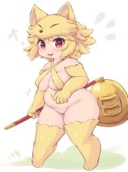 Rule 34 | 1girl, animal feet, animal hands, bell, blonde hair, blush, bottomless, breasts, commentary, commission, eigetsu, english commentary, fang, fox hat, full body, halterneck, holding, holding staff, looking at viewer, medium breasts, moonlight flower, open mouth, pixiv commission, plump, pussy, ragnarok online, red eyes, short hair, solo, staff