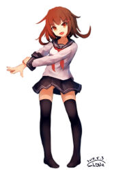 Rule 34 | 1girl, artist name, black sailor collar, black skirt, black thighhighs, brown eyes, brown hair, collarbone, dated, fang, full body, hair ornament, hairclip, highres, ikazuchi (kancolle), kantai collection, long sleeves, neckerchief, open mouth, pleated skirt, red neckerchief, sailor collar, school uniform, serafuku, shone, short hair, signature, simple background, skirt, smile, solo, thighhighs, white background