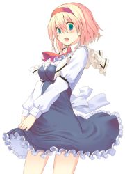 Rule 34 | 1girl, alice margatroid, blonde hair, blush, capelet, dress, green eyes, hairband, looking at viewer, open mouth, short hair, simple background, solo, touhou, uro (urotanc), white background