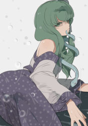 Rule 34 | 1girl, bare shoulders, blue skirt, breasts, closed mouth, colored eyelashes, detached sleeves, expressionless, feet out of frame, green eyes, green hair, grey background, hair ornament, highres, kerok (joniko1110), kochiya sanae, large breasts, long hair, looking at viewer, lying, navel, nontraditional miko, on side, print skirt, shirt, sideways glance, simple background, skirt, sleeveless, sleeveless shirt, smile, snake hair ornament, solo, stick, touhou, water drop, white shirt