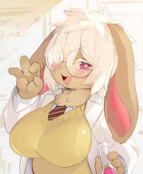 Rule 34 | 1girl, :d, animal ears, blush, borrowed character, breasts, colored eyelashes, female focus, furry, furry female, glasses, hair over one eye, indoors, kishibe, lab coat, large breasts, open mouth, pink eyes, rabbit ears, rabbit girl, smile, solo, sweater vest, white hair