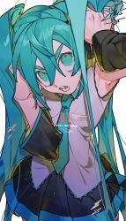 Rule 34 | 1girl, absurdres, aqua eyes, aqua hair, aqua necktie, arm up, armpits, black skirt, character name, commentary, cowboy shot, glaring, grey shirt, hand up, hands in hair, hatsune miku, head tilt, highres, lightning bolt symbol, long hair, looking at viewer, messy hair, necktie, open mouth, pleated skirt, shirt, signature, simple background, skirt, sleeveless, sleeveless shirt, solo, sparkle, ssssecret49, teeth, thick eyebrows, twintails, v-shaped eyebrows, very long hair, vocaloid, white background