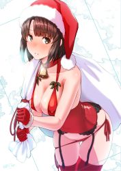 Rule 34 | 1girl, bell, bikini, bikini top only, blush, breasts, brown eyes, brown hair, christmas, collar, contrapposto, corset, covered erect nipples, cowboy shot, garter belt, garter straps, gloves, gluteal fold, halterneck, hat, leaning forward, lingerie, lips, medium breasts, nanahime, neck bell, original, panties, parted bangs, parted lips, partially visible vulva, pom pom (clothes), red gloves, red panties, red thighhighs, revealing clothes, sack, santa costume, santa hat, short hair, side-tie panties, sideboob, skindentation, slingshot swimsuit, solo, standing, swimsuit, thigh gap, thighhighs, thighs, underwear