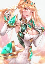 Rule 34 | 1girl, absurdres, alternate hairstyle, blonde hair, breasts, cleavage, cleavage cutout, clothing cutout, dress, highres, jewelry, large breasts, miniskirt, mythra (xenoblade), risumi (taka-fallcherryblossom), skirt, solo, twintails, white dress, xenoblade chronicles (series), xenoblade chronicles 2