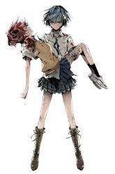 Rule 34 | 10s, 2girls, akuma no riddle, azuma tokaku, backlighting, bandages, blood, blue hair, boots, carrying, closed eyes, cross-laced footwear, dress shirt, floating hair, full body, ichinose haru, looking at viewer, minakata sunao, multiple girls, necktie, official art, pink hair, pleated skirt, princess carry, school uniform, serious, shirt, short hair, simple background, skirt, sweater vest, torn clothes, white background