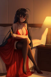 Rule 34 | 1girl, absurdres, ahoge, azur lane, bare shoulders, bed, black hair, black thighhighs, breasts, champagne flute, choker, cleavage, cocktail dress, collarbone, crossed arms, crossed legs, cup, drawer, dress, drinking glass, hair between eyes, hair ornament, high heels, highres, huge filesize, lamp, large breasts, long hair, looking at viewer, official alternate costume, red choker, red dress, red eyes, red footwear, sidelocks, sitting, smile, solo, taihou (azur lane), taihou (forbidden feast) (azur lane), thighhighs, very long hair, wei xiao