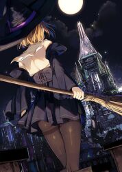 Rule 34 | 1girl, ass, black hat, black skirt, blonde hair, broom, brown pantyhose, building, city, cloud, corset, detached sleeves, feet out of frame, from behind, full moon, hat, high-waist skirt, holding, holding broom, kamizaki hibana, long sleeves, moon, night, night sky, original, outdoors, pantyhose, sailor collar, short hair, skirt, sky, solo, standing, star (sky), starry sky, thighband pantyhose, white sailor collar, witch, witch hat