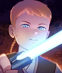 Rule 34 | 1boy, animification, blue eyes, blue lightsaber, brown robe, cal kestis, child, close-up, commentary, energy sword, english commentary, highres, holding, holding lightsaber, holding weapon, jedi, lightsaber, looking at object, orange hair, ottertheauthor, robe, short hair, solo, star wars jedi: fallen order, sword, teeth, weapon