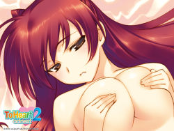 Rule 34 | 1girl, amazuyu tatsuki, aquaplus, blush, breasts, breasts squeezed together, brown eyes, copyright name, copyright notice, covering breasts, covering privates, kousaka tamaki, large breasts, long hair, nipples, nude, official art, red hair, solo, to heart, to heart (series), to heart 2