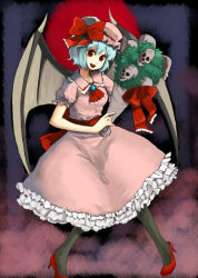 Rule 34 | 1girl, b-ginga, bad id, bad pixiv id, bat wings, blue hair, bouquet, dress, female focus, flower, hat, high heels, highres, pantyhose, plant, red eyes, remilia scarlet, shoes, short hair, skull, solo, symbol-shaped pupils, touhou, wings