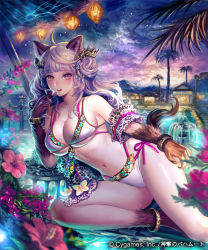 Rule 34 | 1girl, animal ears, bad id, bad pixiv id, blush, breasts, brown eyes, brown hair, cleavage, company name, copyright name, cup, drinking glass, flower, holding, holding cup, holding drinking glass, large breasts, long hair, looking at viewer, lying, official art, on side, parted lips, shingeki no bahamut, solo, swimsuit, tail, wine glass