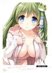 Rule 34 | 1girl, absurdres, blue eyes, breasts, cleavage, collarbone, green eyes, hair ornament, highres, incredibly absurdres, kochiya sanae, long hair, looking at viewer, medium breasts, miyase mahiro, no bra, page number, panties, parted lips, simple background, snake hair ornament, solo, striped clothes, striped panties, touhou, underwear, white background