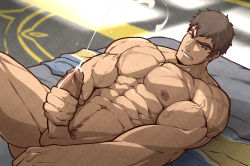 Rule 34 | 1boy, abs, bara, brown hair, clenched teeth, completely nude, cum, dark-skinned male, dark skin, dota: dragon&#039;s blood, dota (series), dota 2, dragon knight (dota), ejaculation, erection, facial hair, forked eyebrows, from side, gluteal fold, goatee, highres, kuroshinki, large pectorals, lying, male focus, male masturbation, male pubic hair, masturbation, muscular, muscular male, navel, navel hair, nipples, nude, on back, pectorals, penis, projectile cum, pubic hair, scar, scar on chest, short hair, sideburns, solo, sparkle, stomach, stubble, teeth, thick thighs, thighs, uncensored, veins