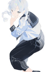 Rule 34 | 1girl, black footwear, black pants, braid, copyright request, feet out of frame, floating hair, from side, gekichuu youkai, grey eyes, grey hair, hair over shoulder, hand on own cheek, hand on own face, hand up, highres, invisible chair, long hair, long sleeves, looking at viewer, looking to the side, pants, school uniform, serafuku, shoes, simple background, sitting, solo, twin braids, twintails, w, white background