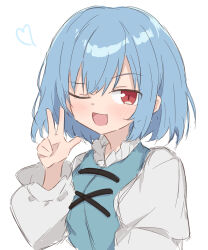 Rule 34 | 1girl, ;d, blue hair, heart, highres, izumiizumi01, long sleeves, looking at viewer, one eye closed, open mouth, red eyes, short hair, simple background, smile, solo, tatara kogasa, touhou, upper body, w, white background