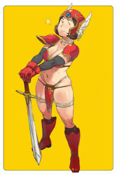 Rule 34 | 1girl, armor, bikini armor, boots, breasts, brown hair, choker, chunsoft, cleavage, cosplay, dragon quest, dragon quest iii, elbow gloves, enix, female focus, full body, gloves, gundam, helmet, large breasts, mirai yashima, mobile suit gundam, nanboku, navel, red armor, simple background, smile, soldier (dq3), soldier (dq3) (cosplay), solo, square enix, sword, weapon