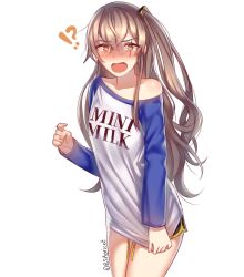 Rule 34 | !?, blouse, blush, breast conscious, breasts, brown hair, bsapricot, clothes writing, collarbone, commentary, cowboy shot, crossed bangs, embarrassed, girls&#039; frontline, hair between eyes, hair ornament, highres, legs together, long hair, long sleeves, looking at viewer, mega milk, meme, meme attire, off shoulder, one side up, open mouth, pointing, pointing at self, scar, scar across eye, scar on face, shaded face, shirt, shirt tug, short shorts, shorts, simple background, small breasts, solo, source quote parody, standing, thighs, twitter username, ump45 (girls&#039; frontline), white background, white shirt