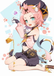 Rule 34 | 1girl, :d, absurdres, animal ears, aqua eyes, bangs pinned back, barefoot, black footwear, black shorts, cat ears, cat girl, cat tail, commentary request, cup, detached sleeves, dianhua dianhua he, diona (genshin impact), drink, drinking glass, forehead, genshin impact, hair ribbon, hat, highres, long sleeves, looking at viewer, navel, open mouth, pink hair, pouring, puffy detached sleeves, puffy shorts, puffy sleeves, ribbon, shoes, unworn shoes, short hair, shorts, sidelocks, simple background, sitting, smile, solo, stomach, tail, thick eyebrows, toes, translation request, two-tone background, wariza, wet